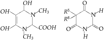 
\[ \pyrimidine{$CH_3$}{$COOH$}{$CH_3$}{$OH$}{$OH$}{$OH$}
               {Q}{Q}{D}
    \hspace{3cm}
    \pyrimidine{$H$}{O}{$H$}{O}{$R^5$}{O}{Q}{$R^8$}{Q} \]
